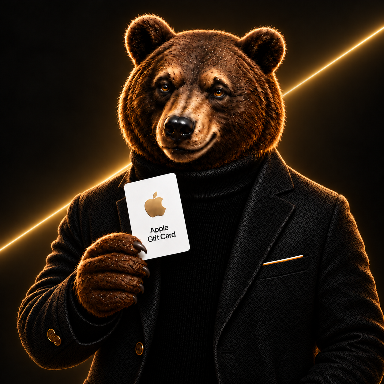 Медведь держит Apple Gift Card на тёмном фоне с золотистым светом